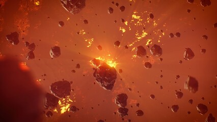 Apocalyptic space concept, asteroid meteor floating over burning volcanic planet. 3d rendering. © SohubProduction