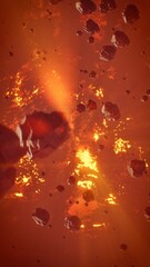 Apocalyptic space concept, Asteroid meteor falling over burning volcanic planet. 3d rendering. © SohubProduction