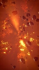 explore space concept, Asteroid meteor falling over burning volcanic planet. 3d rendering. © SohubProduction