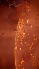 Asteroid field floating over fiery burning planet in deep space background. 3d rendering. © SohubProduction