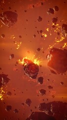 Apocalyptic space concept, asteroid meteor shower over burning volcanic planet. 3d rendering. © SohubProduction