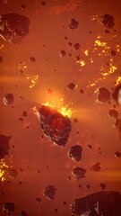 Asteroid field floating over fiery burning planet in deep space background. 3d rendering. © SohubProduction