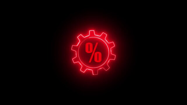 Gear icon containing a percent symbol glows with a bright red neon light effect against a dark background to symbolize modern financial discounting mechanisms and industrial efficiency within a.