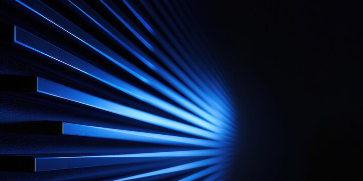 Server cooling hardware macro displaying aligned metallic fins with glowing blue light for advanced data center technology background.