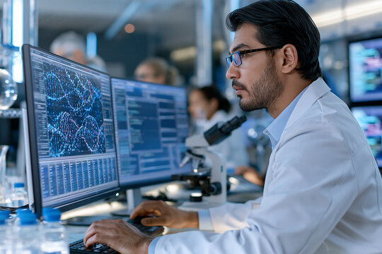 Scientist focuses on digital data in lab setting. Multiple monitors display complex biological models. He wears lab coat and glasses, typing intently. Background shows other researchers
