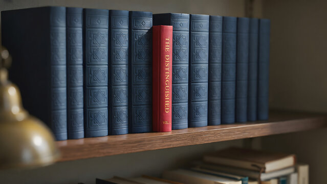A single red book standing out among a row of dark blue hardcover books