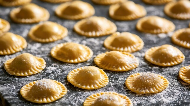 Close-up view of homemade circular pasta pieces with fluted edges arranged on a dark surface dusted with flour ready for cooking or storage, fresh Italian food preparation