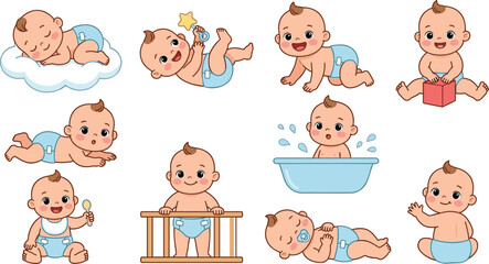 Naklejka premium Cute Cartoon Baby Boy Character Routine Activity Set Illustrating Sleeping on Cloud, Crawling, Bathing, Playing with Toys, and Lying Down