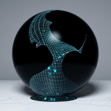 3D surrealism melting digital grid pattern sliding off glossy black sphere otherworldly cyberpunk aesthetic visual distortion