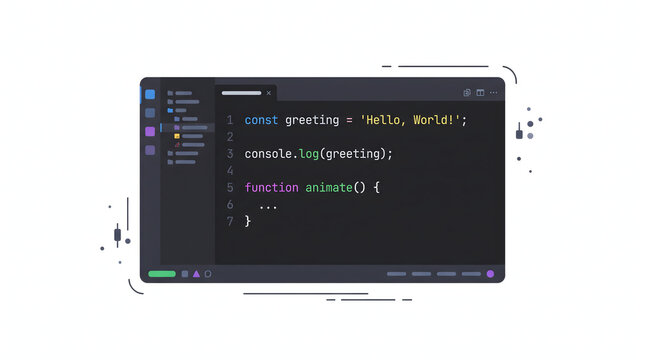 Minimalist dark theme code editor UI displaying JavaScript snippet with hello world and function