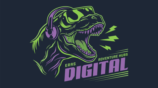 Digital dinosaur wearing headphones and goggles. Roaring T-Rex mascot logo for gaming. Streetwear design for t shirt print. Retro future aesthetic illustration for gamer merch.