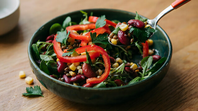 Fresh bean salad with bell peppers and corn in a green bowl on wooden table