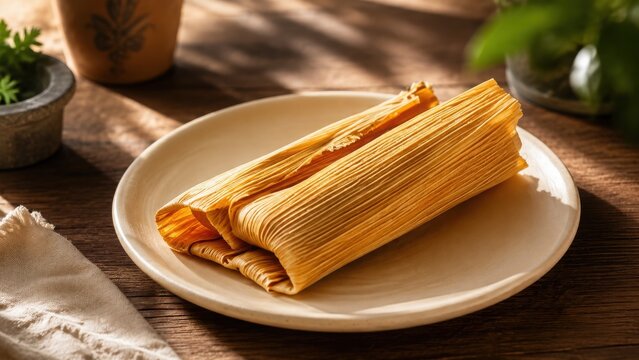 A single delicious traditional tamale served on a white plate on a rustic wooden table.