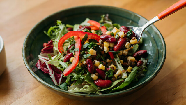 Fresh bean salad with corn and bell pepper in a rustic green ceramic bowl