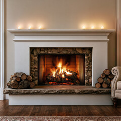 Naklejka premium Cozy fireplace with burning wood, stone surround, white mantel, stacked logs, candles, warm light, inviting living room