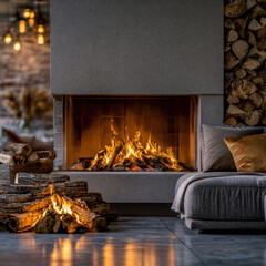 Naklejka premium Modern fireplace burning firewood cozy sofa warm light stacked logs contemporary living room inviting atmosphere home interior