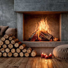 Naklejka premium Cozy fireplace with burning wood, stacked logs, glowing candles, soft pouf, and rustic wooden floor create warm inviting atmosphere