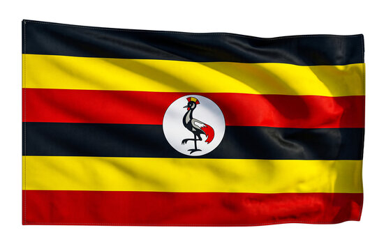 Uganda waving flag with horizontal black yellow and red stripes and crested crane emblem.