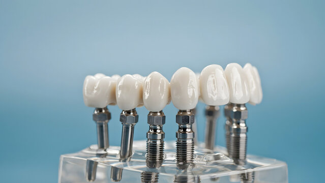 Dental bridge with multiple ceramic crowns on metal implant abutments