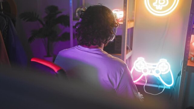 Young hispanic man with beard and curly hair wearing headset and white tee, arms crossed beside neon game controller sign in studio lit with purple and pink light; focused solitude.