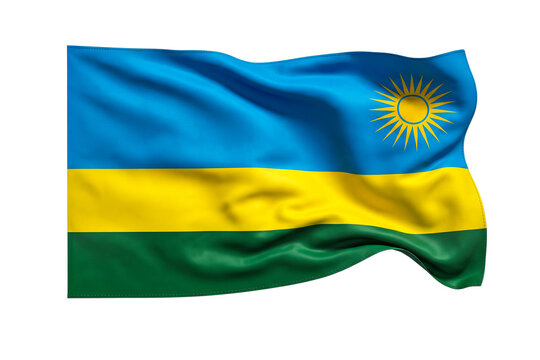 Rwanda flag waving with horizontal blue yellow and green stripes plus yellow sun symbol.