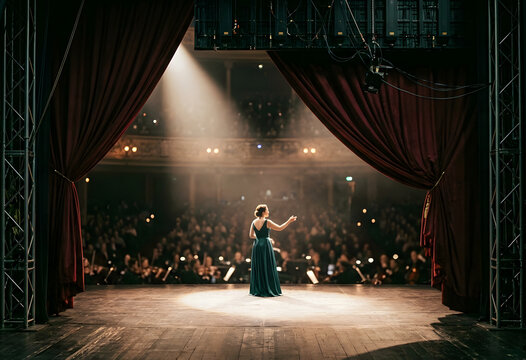 Female soloist performing on stage in grand theater spotlight