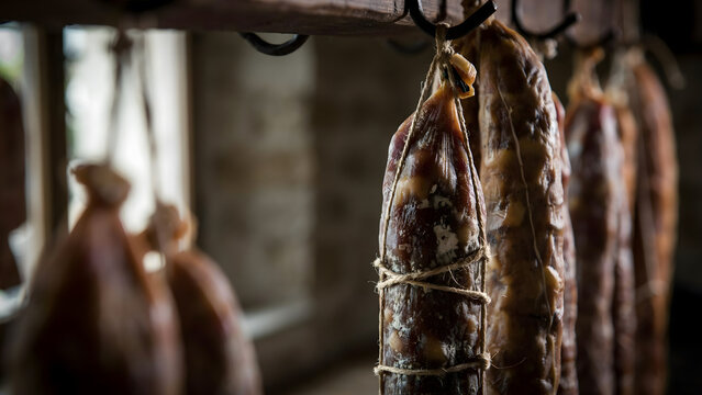 Cured salami sausages hanging to dry in a traditional rustic pantry