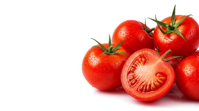 Macro-inspired arrangement of glossy ripe tomatoes with one tomato cut in half, delicate droplets of freshness, vivid red tones against a pure white background, precise composition and proportion