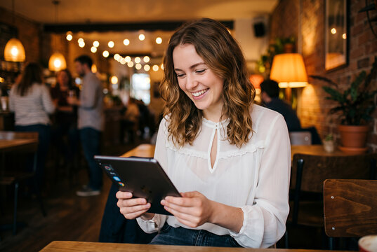 Woman using digital tablet in warm lit cafe