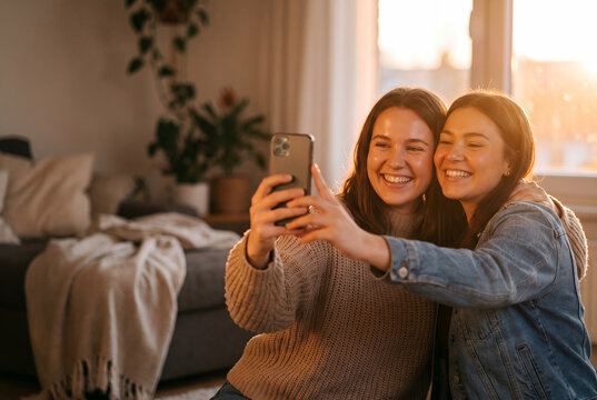Two young women taking selfie on sofa during golden hour sunset