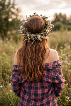 Young woman wearing flower crown standing in wildflower meadow with back view