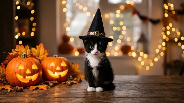 Cute black and white cat wearing a witch hat sitting next to glowing jack o lanterns for halloween