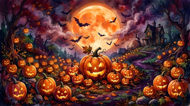 Spooky halloween night scene featuring glowing jack o lanterns under a giant full moon with flying bats