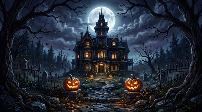 Spooky haunted mansion with glowing jack o lanterns in a dark misty graveyard for a halloween background