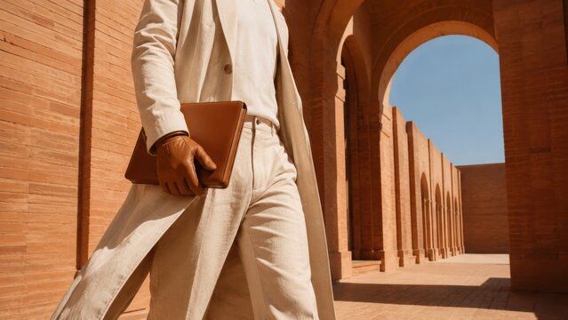 Man in Cream Linen Trench Coat Walking Through Terracotta Archway with Leather Portfolio