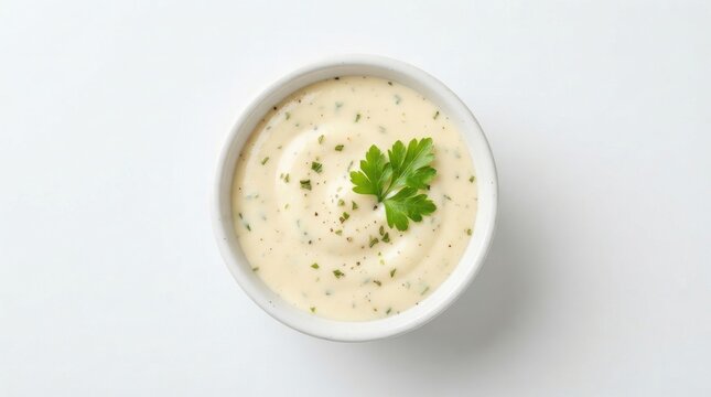 Bowl of creamy ranch dressing with herbs isolated on white background