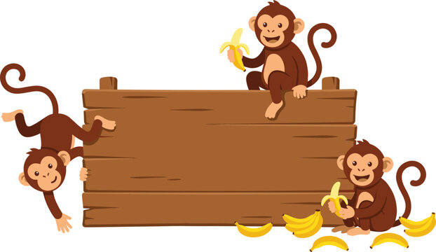 Cute cartoon monkey character vector set with empty wooden sign board and banana elements