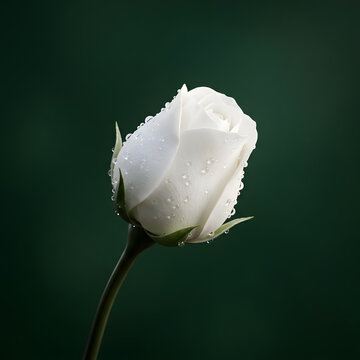 A single white rosebud with water droplets against a dark green background