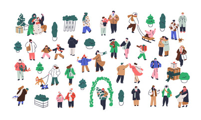 Fototapeta premium Tiny people, Christmas characters walking outdoors on winter holiday. Families, couples, dogs and kids with gifts, snowman, trees on street. Flat vector illustrations isolated on white background