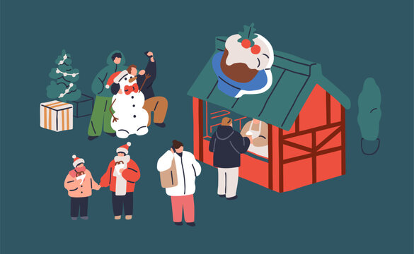 Christmas market, winter holiday scene with tiny people buying bakery food at festive stall, selfie with snowman, walking. Seasonal Xmas and New Year eve, outdoors on street. Flat vector illustration