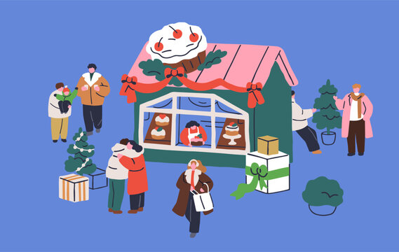 Christmas market, winter fair with holiday stall. Christmas fair, winter holiday market with Xmas stall, people walking at street shop, chalet. Festive city bazaar with decoration. Vector illustration