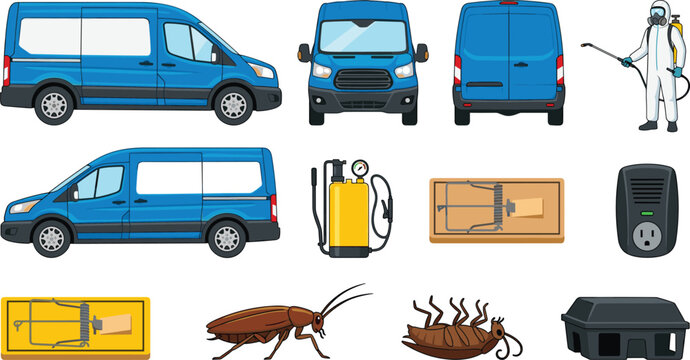 Pest Control Service Icon Set with Blue Van Worker in Hazmat Suit Sprayer Mousetrap Cockroach Bait Station and Electronic Repeller Vector