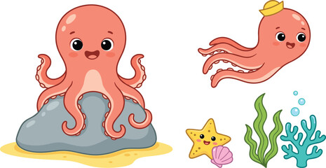 Cute cartoon octopus character vector set with starfish coral reef and underwater sea elements © Shukimon