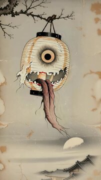 Chochin-obake paper lantern yokai hanging from a branch, old Japanese ukiyo-e scroll animation, vertical video