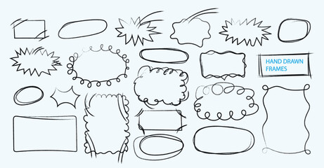 Fototapeta premium Hand drawn comic frame collection&nbsp;with starburst burst shapes, scribbled oval badges, and decorative wavy border