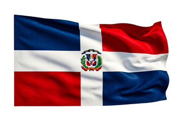 Dominican Republic waving flag with national coat of arms on white cross and blue red cloth. © MD