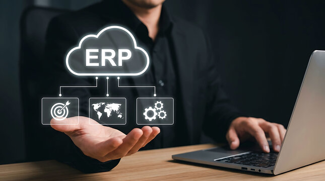 Businessman holding cloud ERP enterprise resource planning software hologram