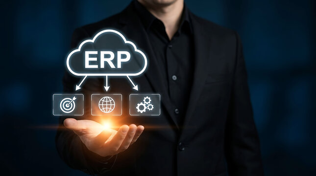 Businessman holding cloud ERP enterprise resource planning software concept