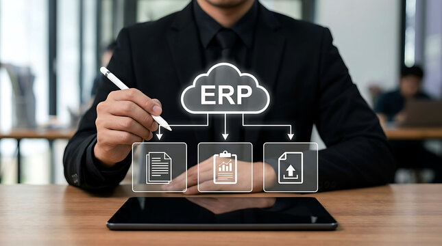 Businessman using cloud ERP software for document management and business data