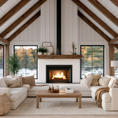 Naklejka premium Cozy living room with fireplace, wooden beams, large windows, neutral sofa, coffee table, winter view, warm atmosphere